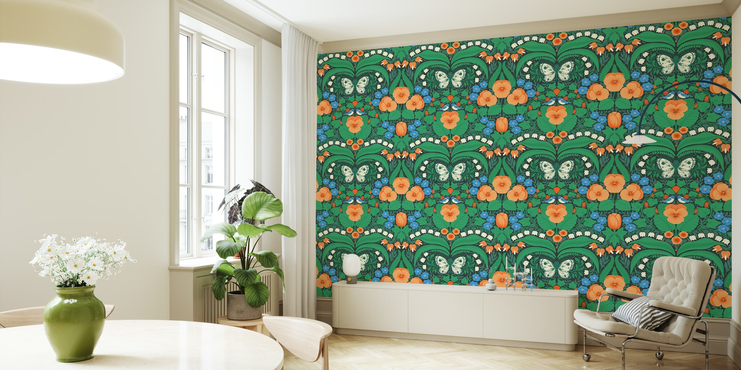 Floral pattern with butterflies in green, orange, and blue wallpaper